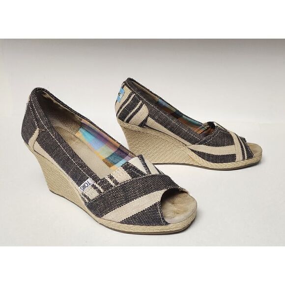 TOMS Women Peep Toe Wedge Espadrilles Blue White Stripe Canvas Shoes Size 7.5W - Picture 2 of 9
